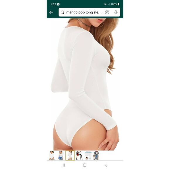 New Small Mangopop White Long Sleeve Deep VNeck Bodysuit Top Shirt One Piece NWT - Picture 3 of 7